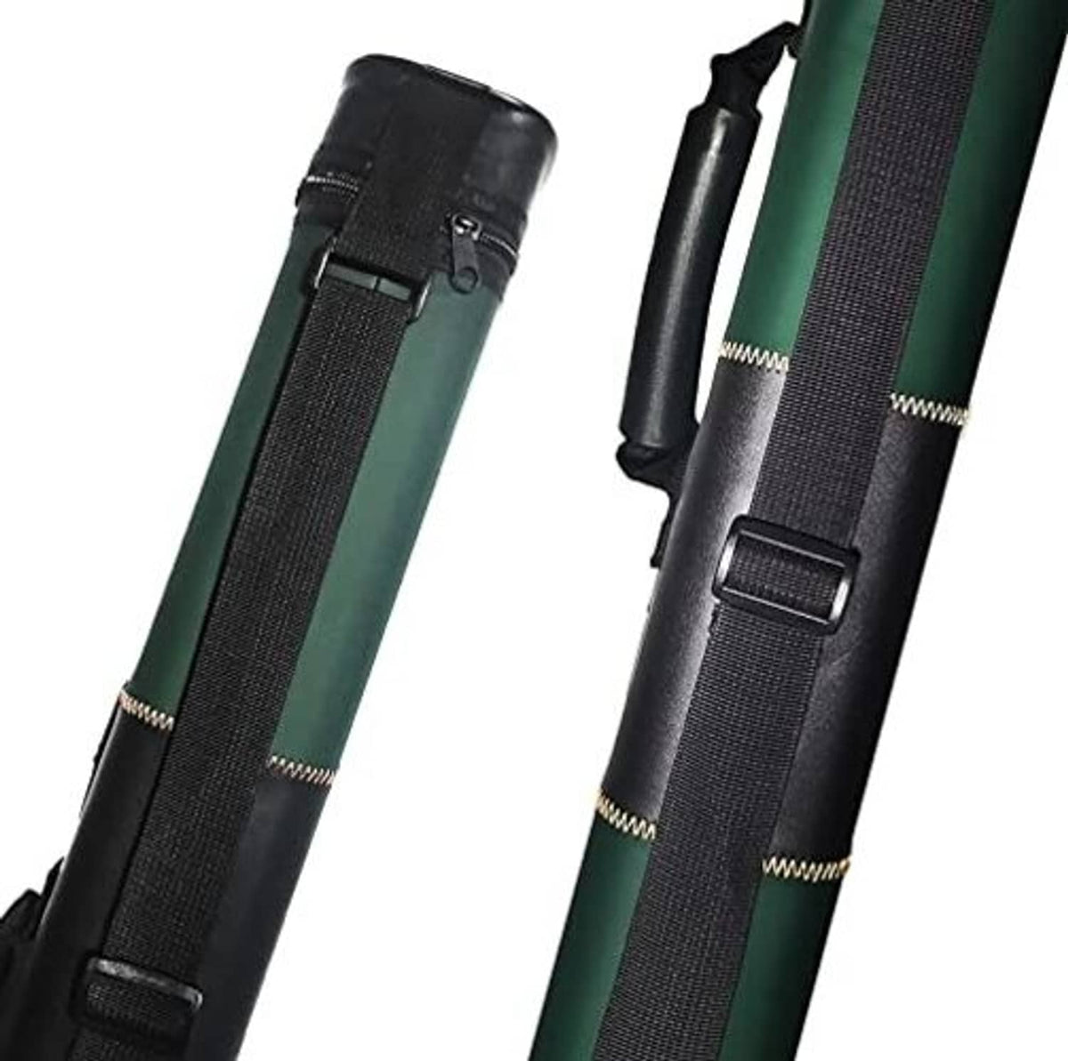 Black and green cue case with internal elastic straps and adjustable belt buckle.