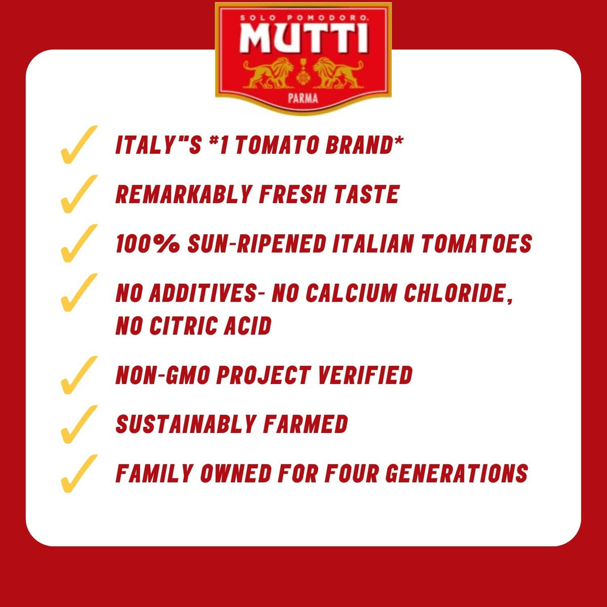 Mutti tomato paste label with quality and no-additives checklist