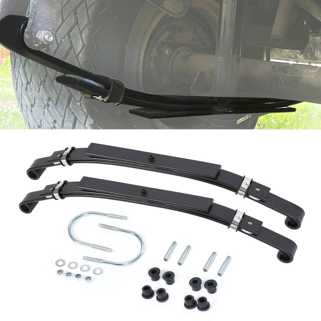 Black 3-leaf rear leaf springs with bushings and mounting brackets, hardware included