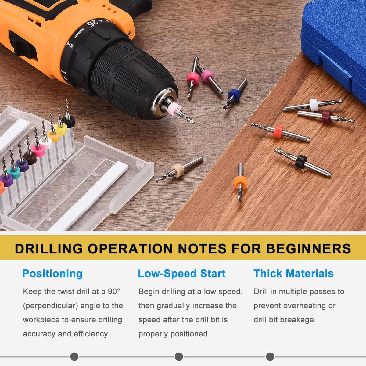 Micro drill bits and colored caps on a workbench with various drill accessories