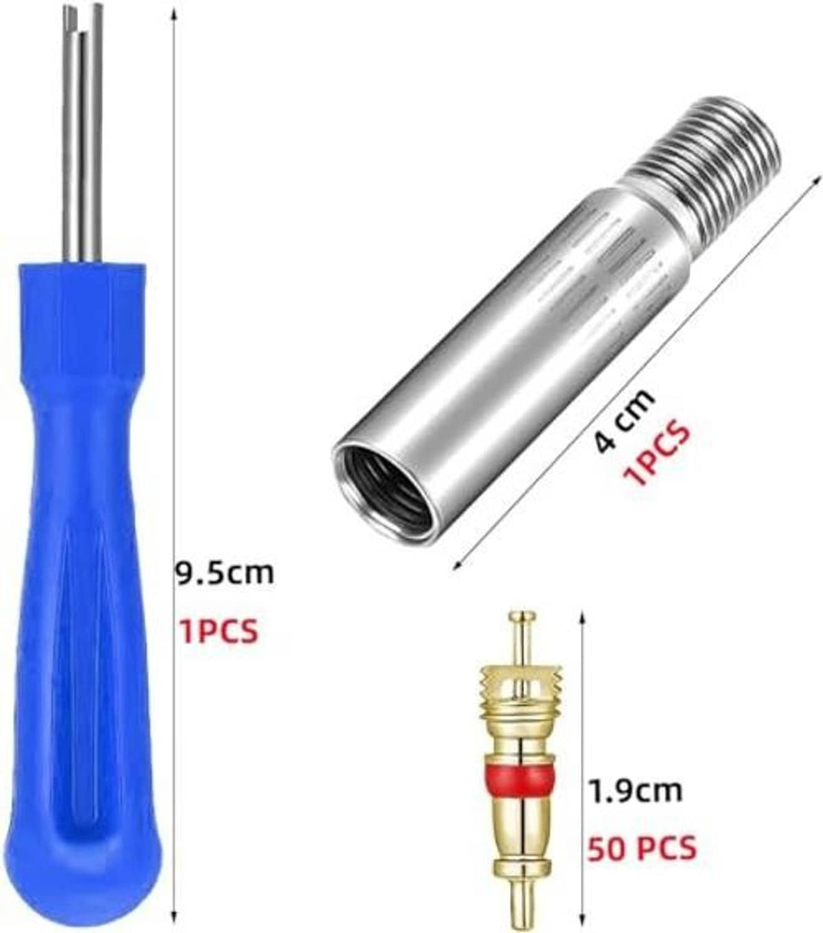 Blue tool handle with metal extension and brass valve cores, 1 and 50 pieces