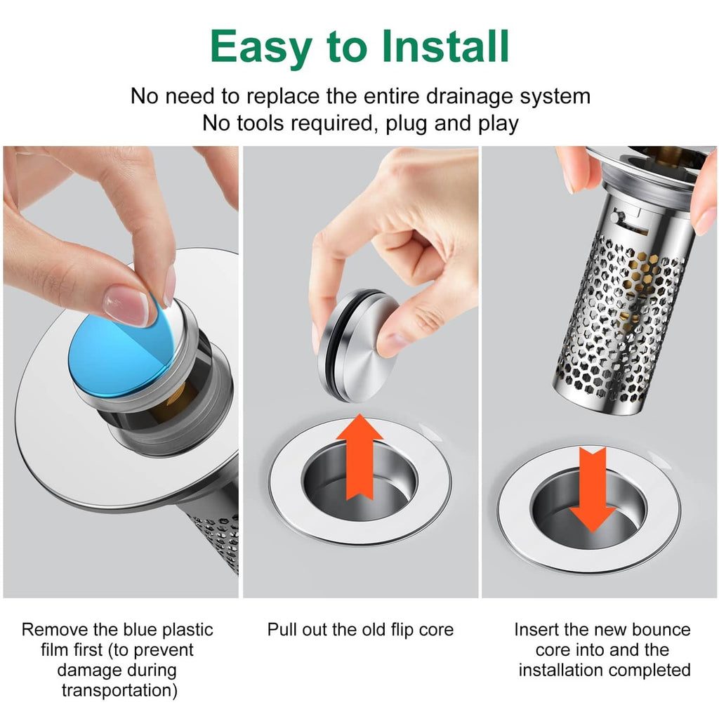 Pop-up sink stopper installation showing push-in and pull-out of drain strainer