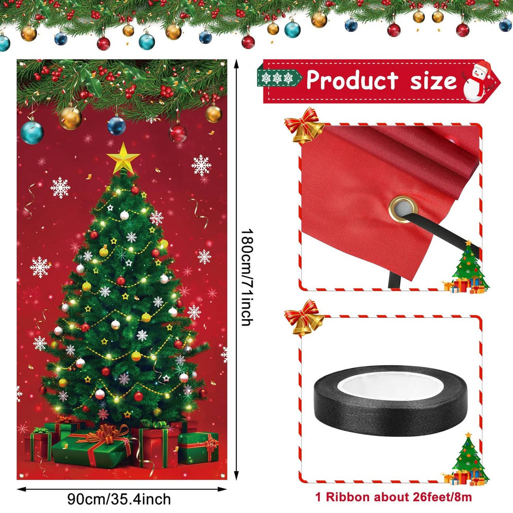 Red Christmas door cover with printed tree, plus size guide and black hanging ribbon