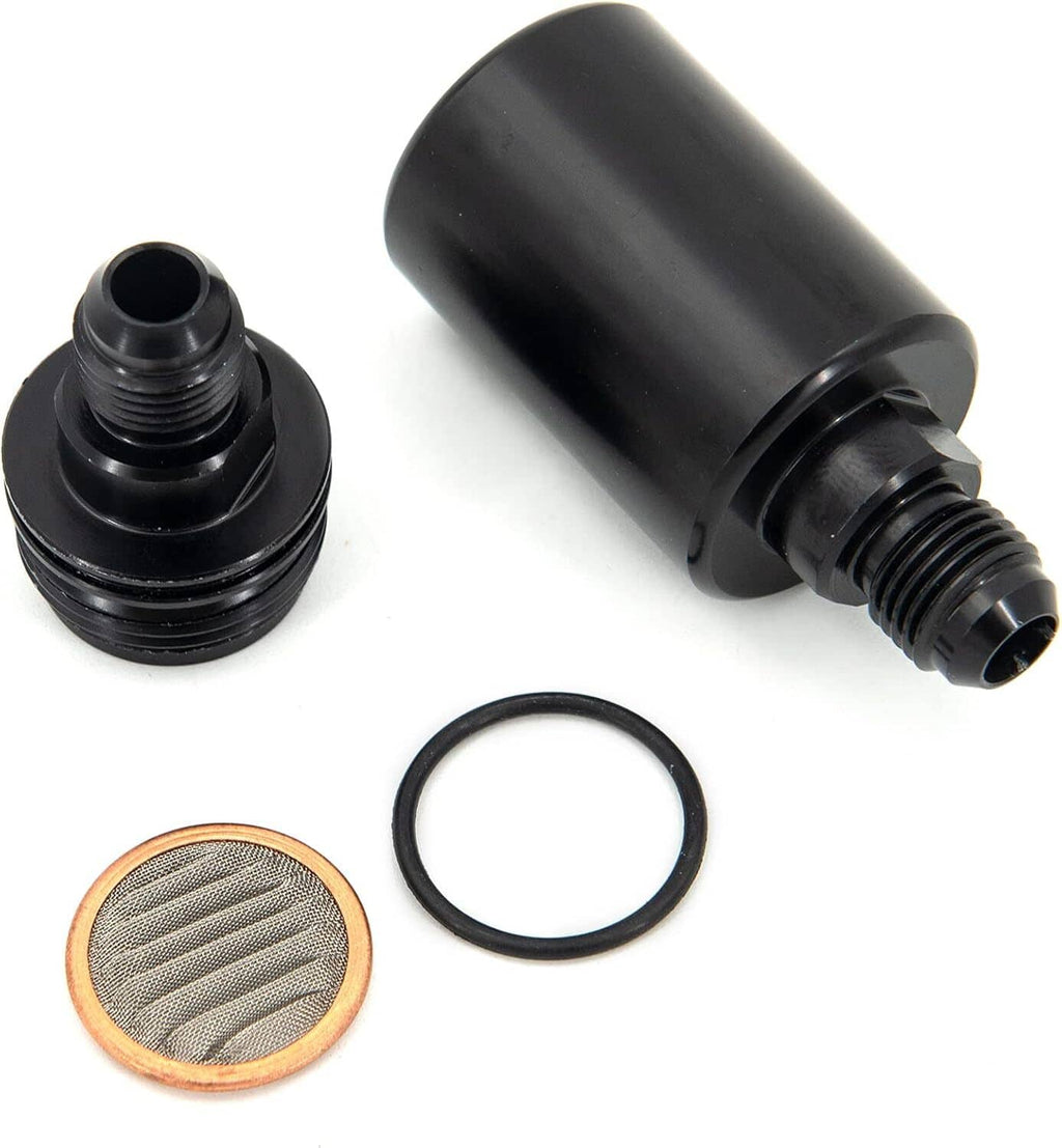 AN6 inline fuel filter kit with black housing, o-ring, mesh screen, and end caps