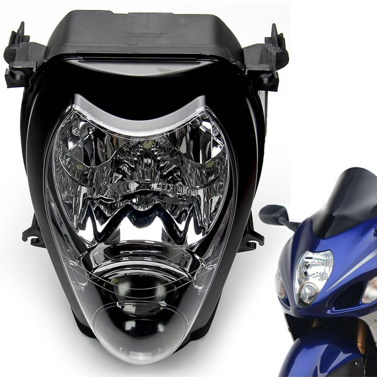 Front motorcycle headlight headlamp assembly, clear reflector lens on black frame