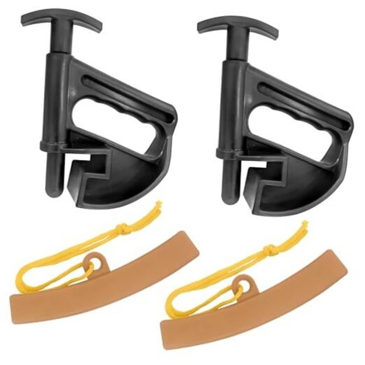 Tire bead clamp tool set with two black clamps, tan protectors, and yellow straps