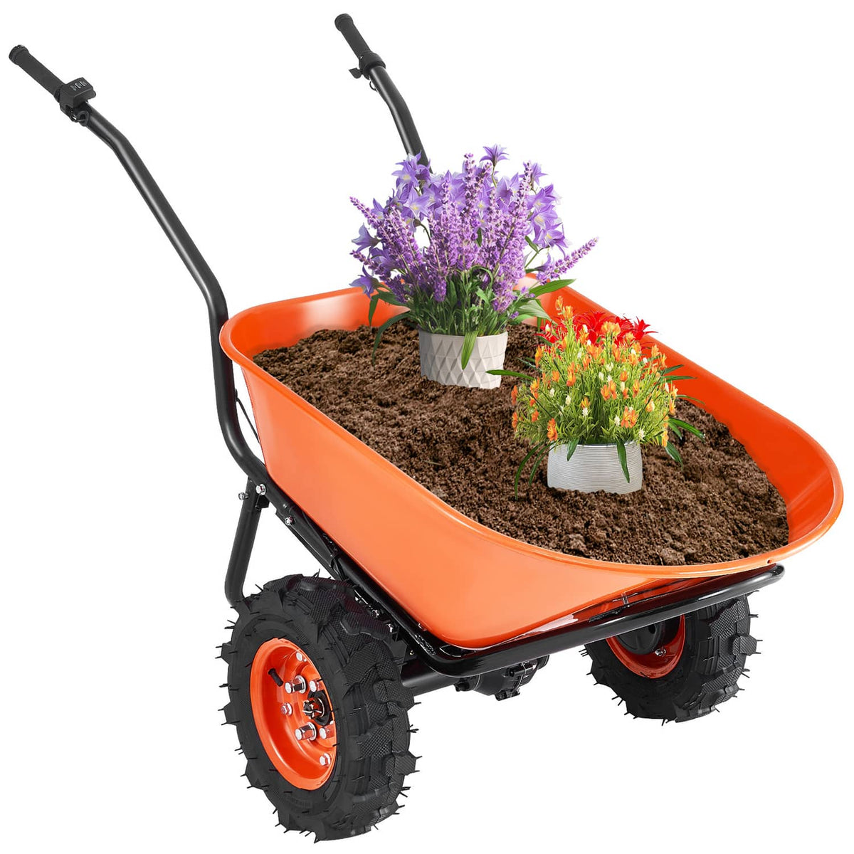 Orange electric wheelbarrow cart with black frame and two large black tires