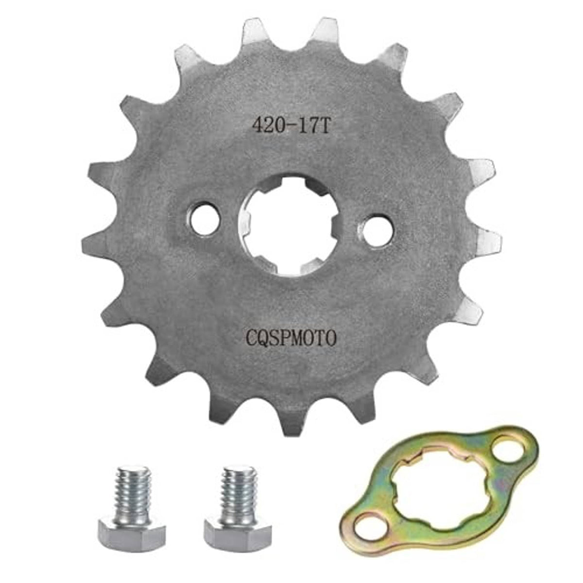 420-17T steel sprocket with center hub, two mounting holes, plus two bolts and lock plate
