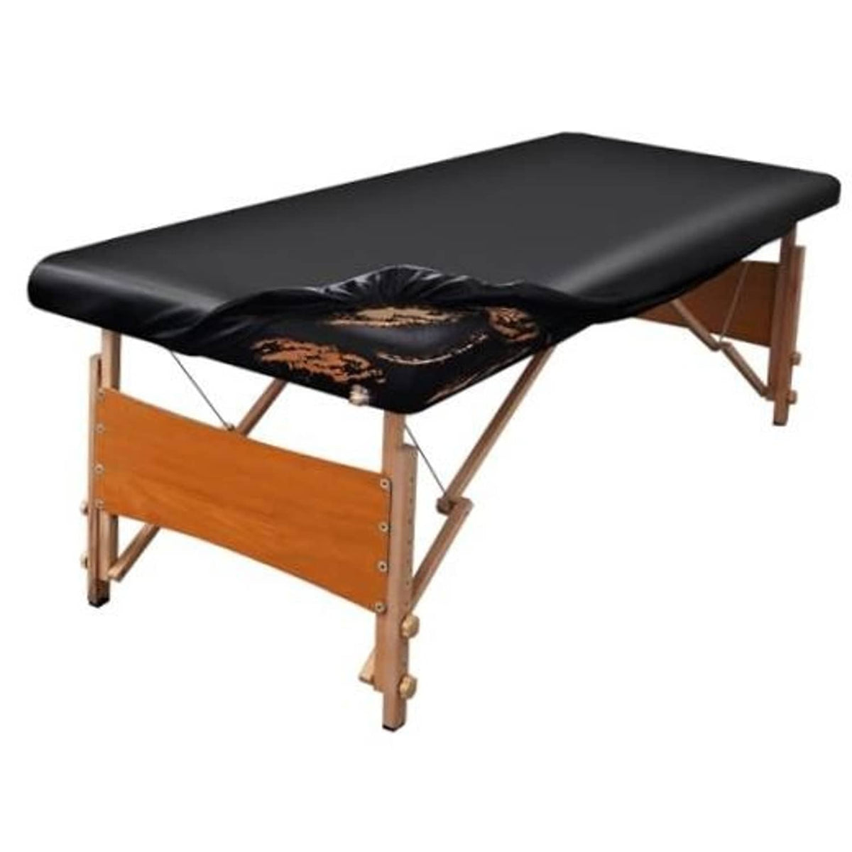 Black wipeable leather massage table cover with gold feather design on head area