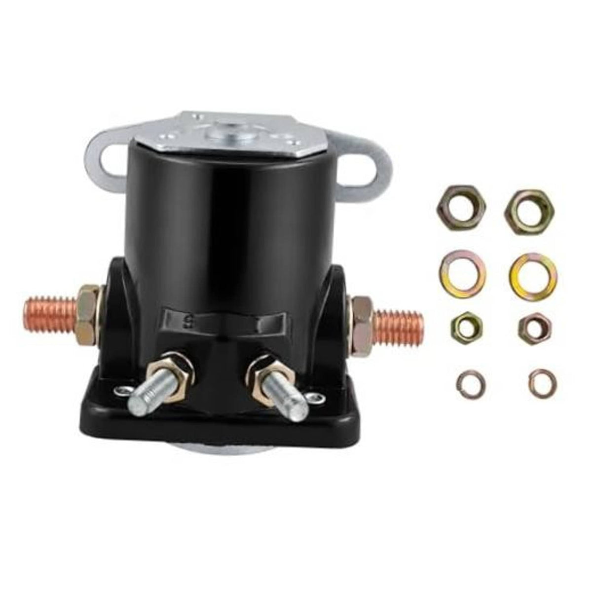 Black 12V starter relay solenoid with two mounting ears and spade terminals hardware