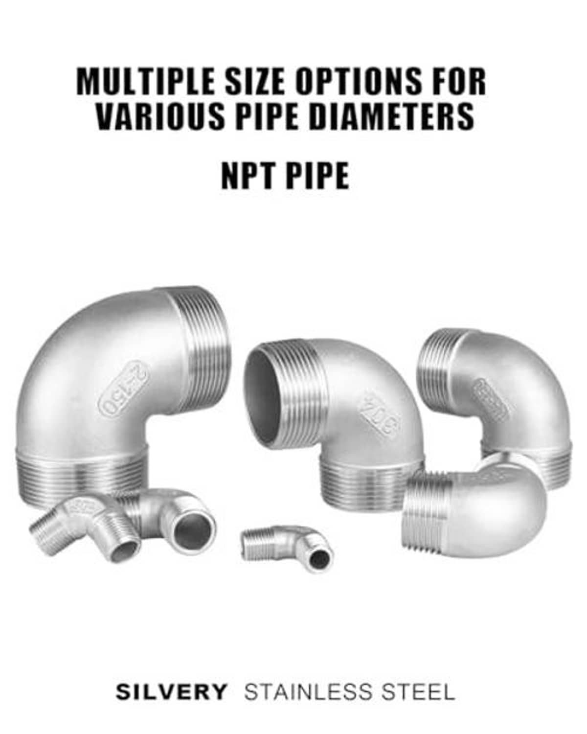 Stainless steel NPT elbow fittings in multiple sizes, 90-degree street elbows with threads
