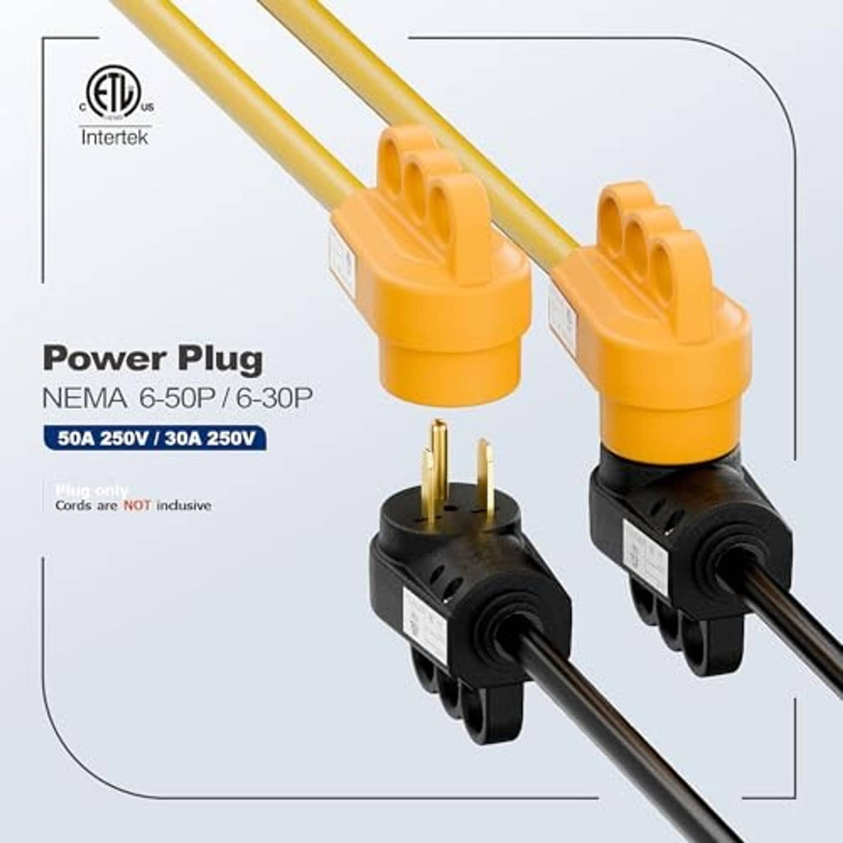 Pair of black NEMA welder plug ends with yellow cord jackets and exposed brass terminals