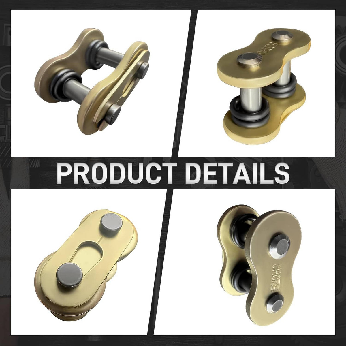 Gold chain master link with two silver pins and black O-ring sealing detail