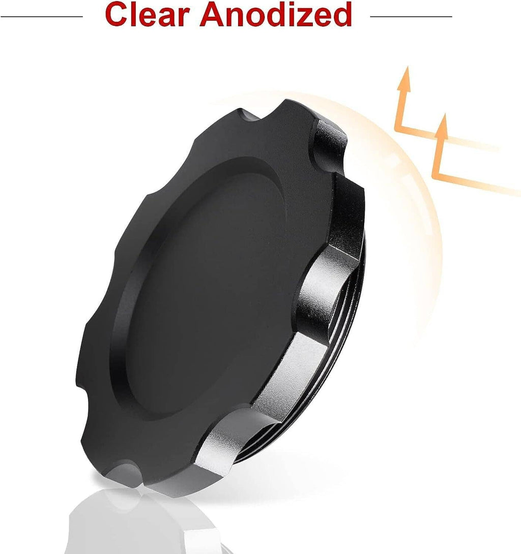 Black anodized aluminum fuel cell cap, side profile with threaded neck