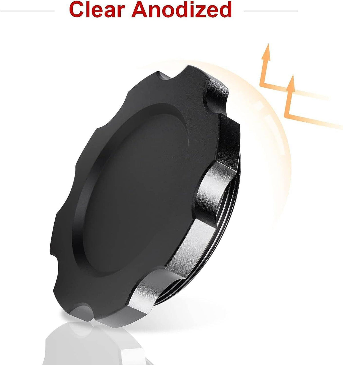 Black anodized aluminum fuel cell cap, side profile with threaded neck