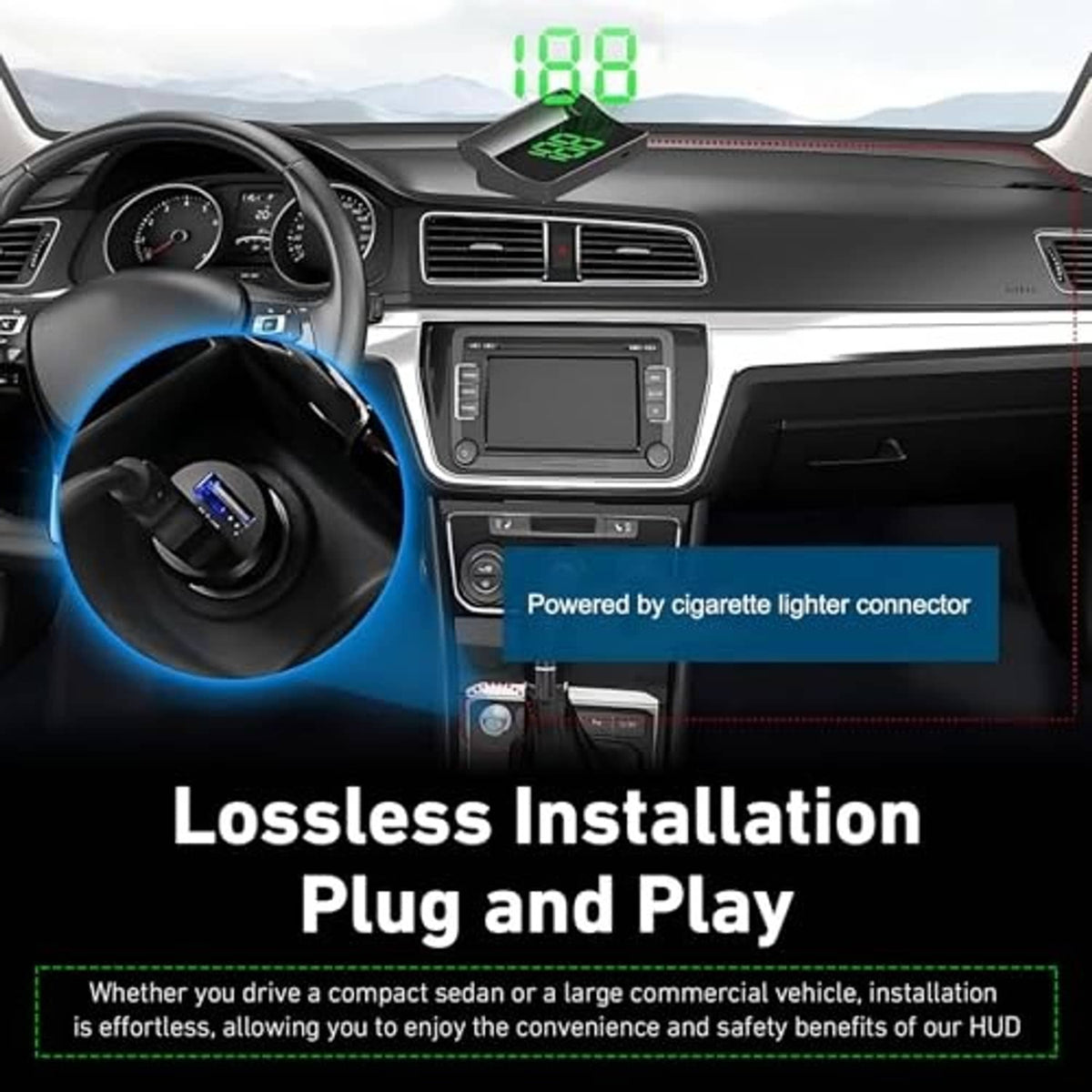 Car head-up display installed on dashboard, 108 speed readout with power cable