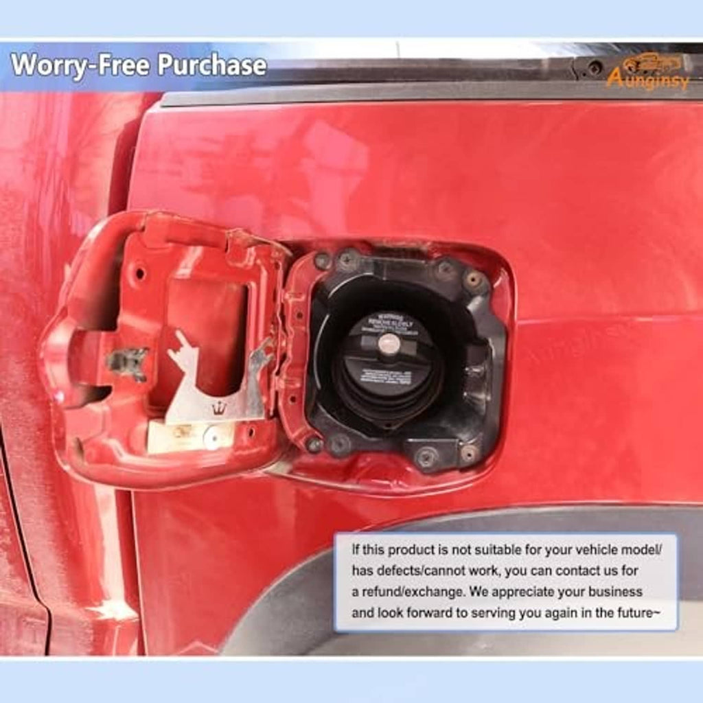 Anti-theft fuel tank cap with lock key inserted in red fuel door