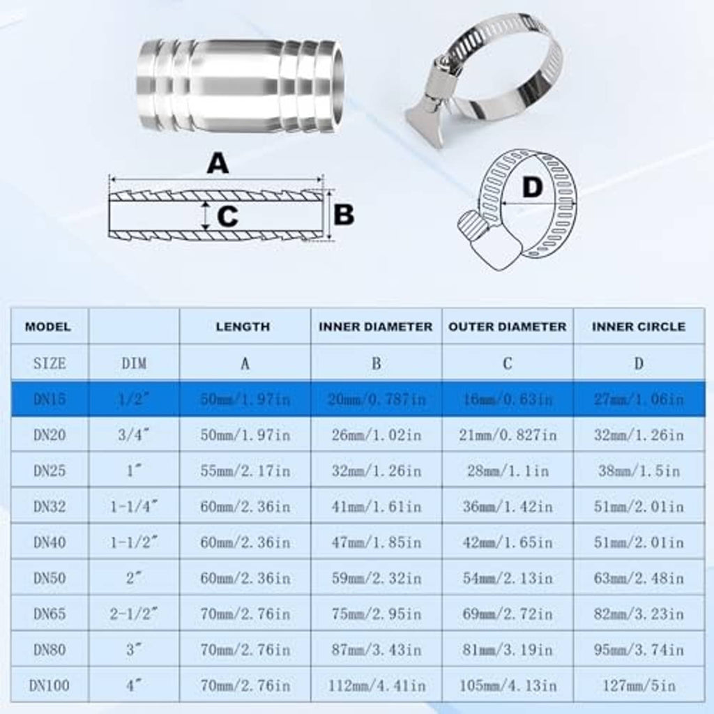 304 stainless steel hose barb fitting with clamp, showing size and parts diagram