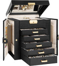 Black large jewelry box with mirror, lock, and layered drawer storage