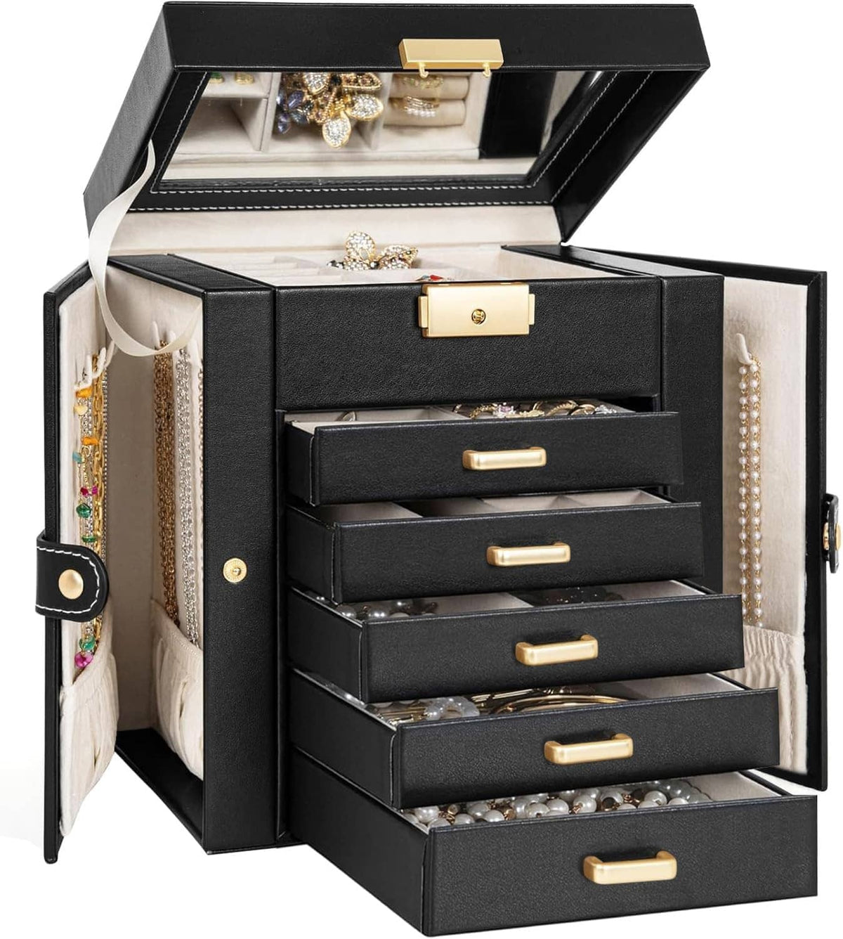 Black large jewelry box with mirror, lock, and layered drawer storage