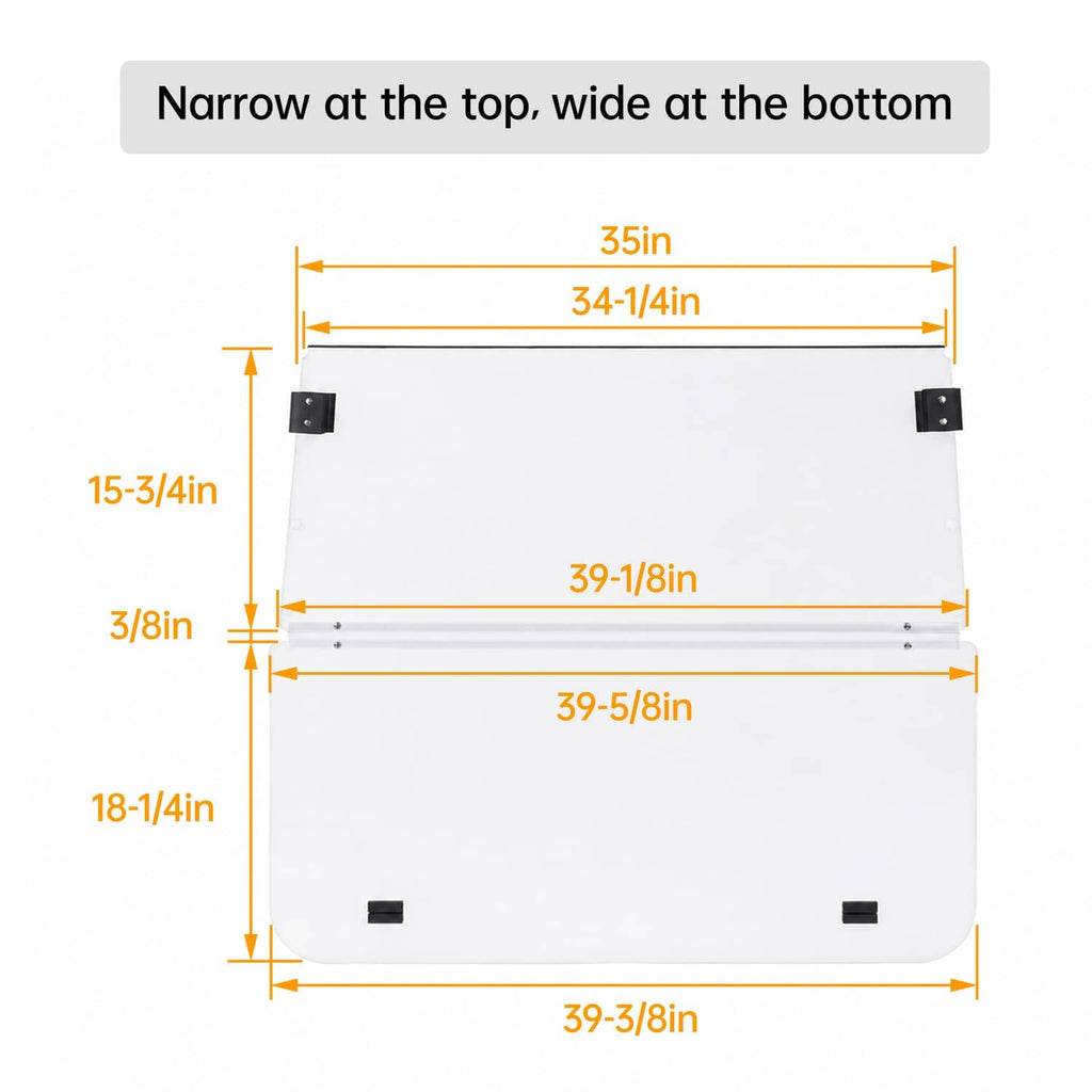 Clear polycarbonate windshield size diagram with overall dimensions and widths