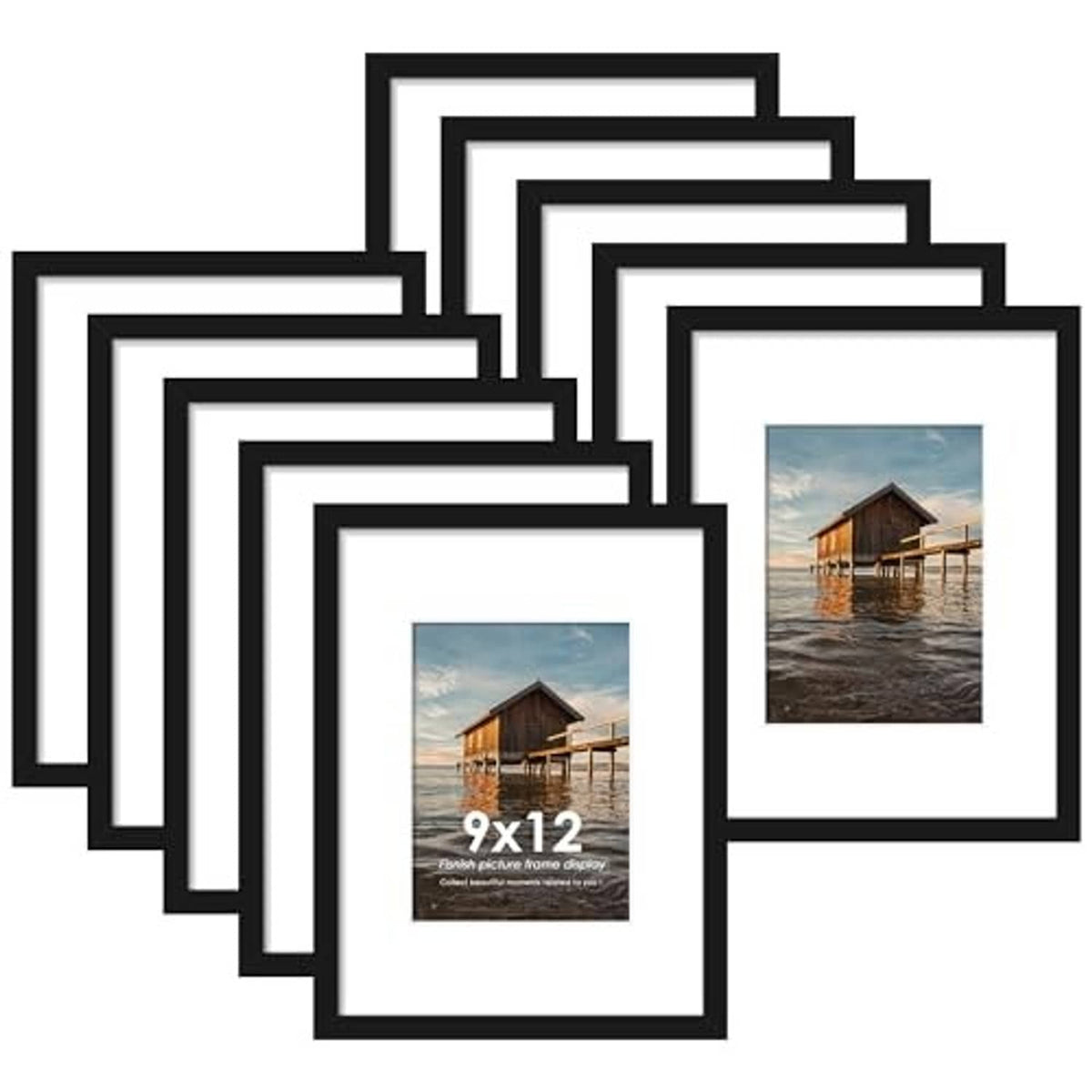Black picture frame set with white-bordered inserts, arranged in a stacked display