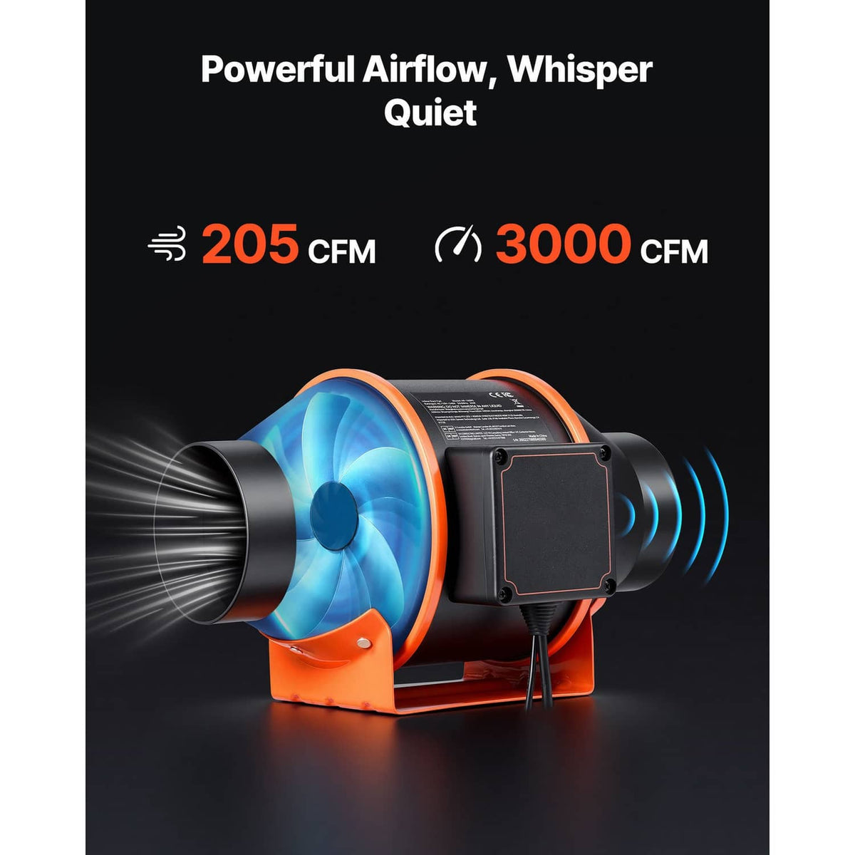 Inline ventilation fan showing airflow from black duct housing with orange ring and blades.