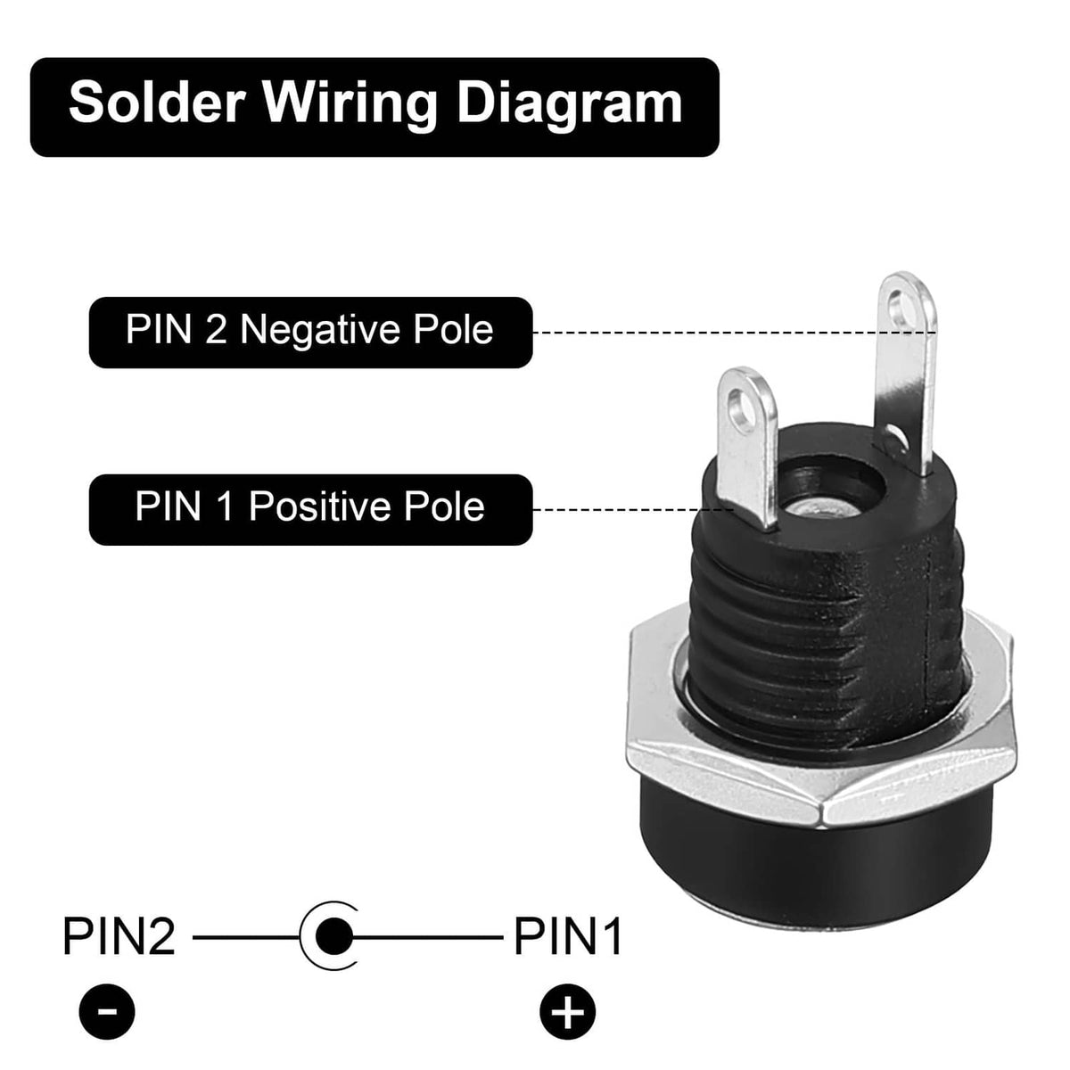 Black 5.5x2.1mm DC power jack with two solder terminals, panel mount