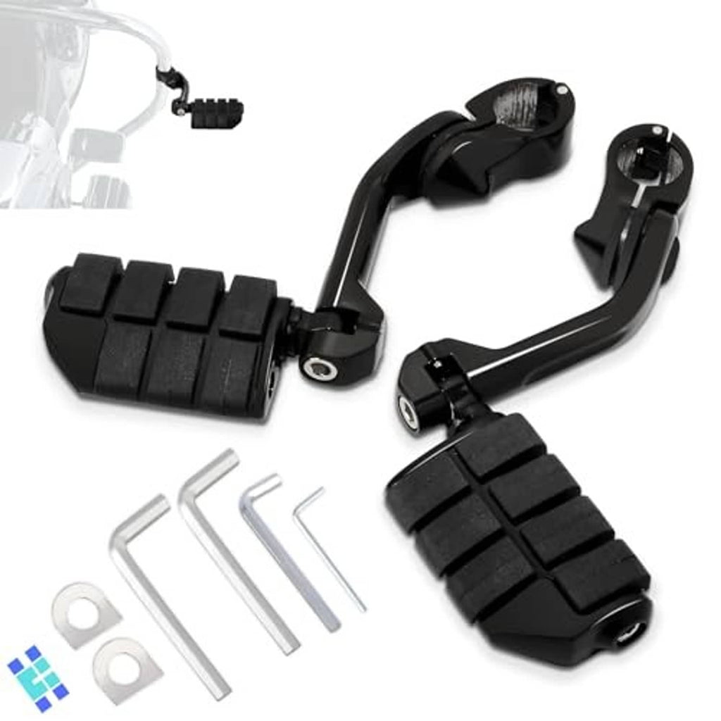 Black adjustable highway foot pegs kit with long angled mounts and textured rubber pads