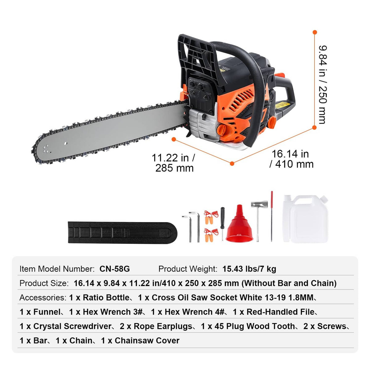 20 in gasoline chainsaw with dimensions, orange engine housing and black protective cover