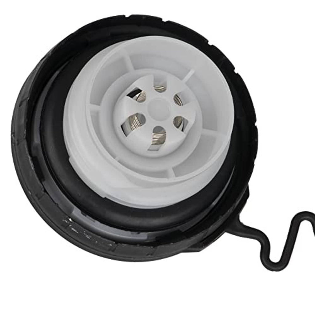 Underside of black fuel gas cap showing white internal insert and metal threads