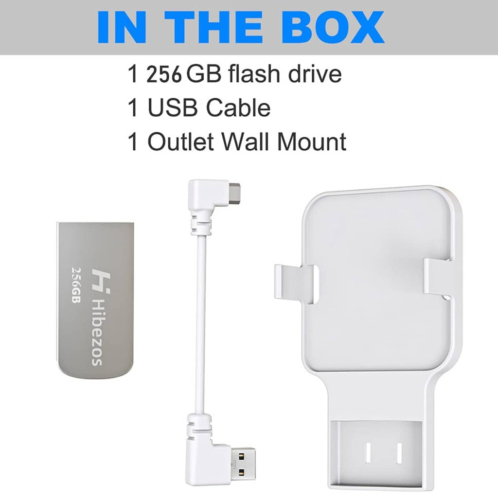 Set includes white outlet wall mount, USB cable, and 256GB USB thumb drive