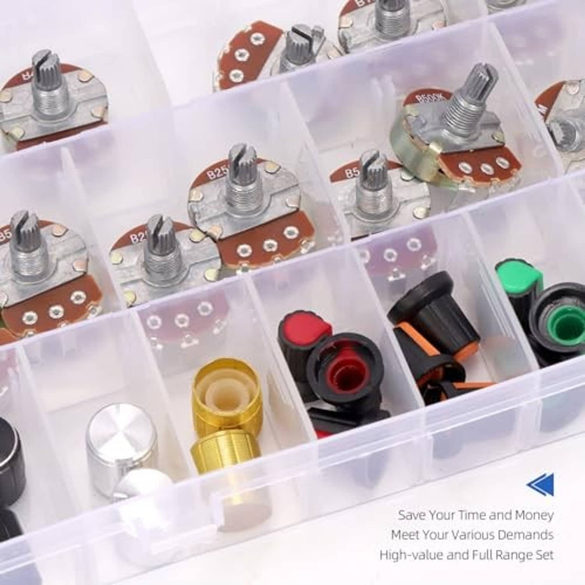 Clear organizer compartments holding multiple single-turn potentiometers with colored knob caps
