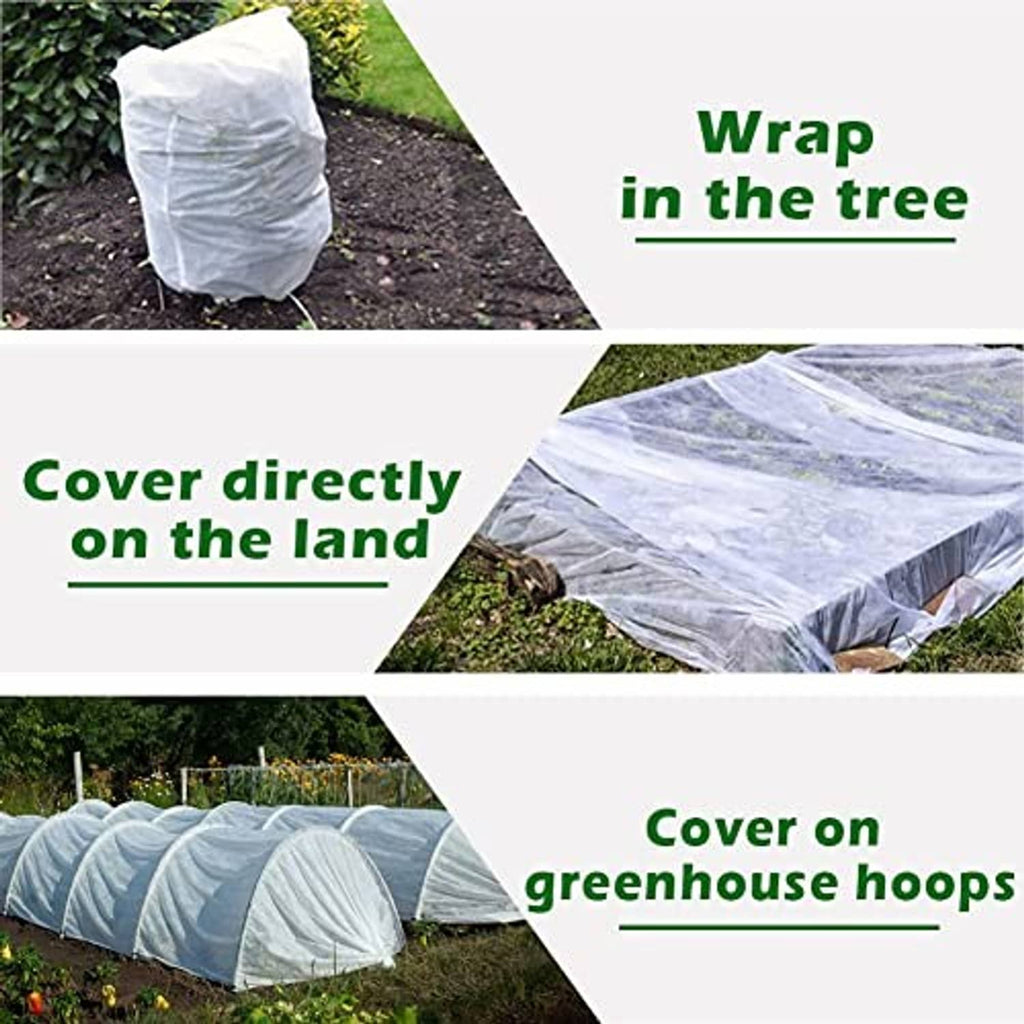 White frost protection cover wrapped on tree and laid over garden beds with hoops