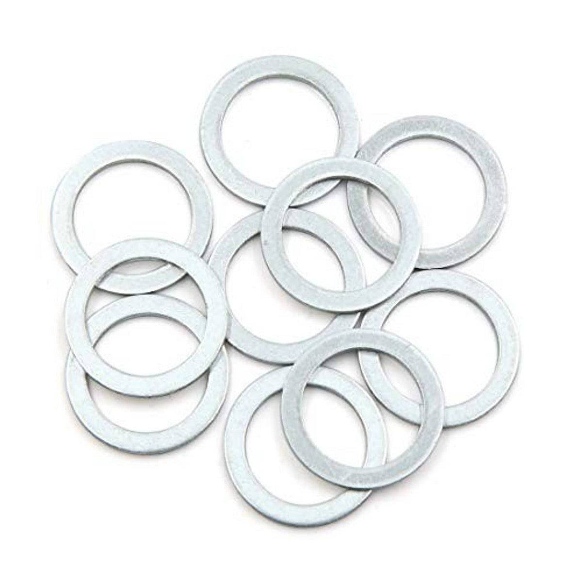 10 metal crush washers, circular flat gaskets, light gray, overlapping stack