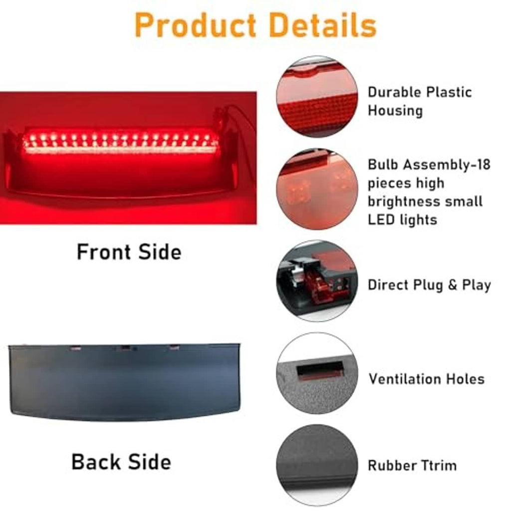 Center brake light details: red LED bulbs, durable plastic housing, plug-and-play