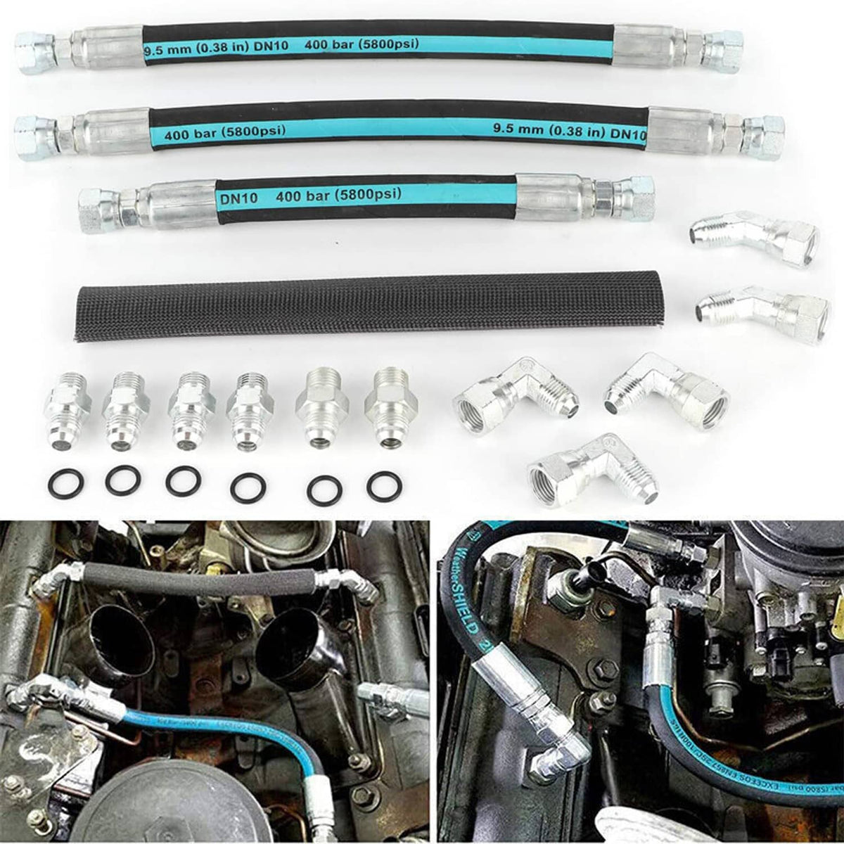 HPOP hose lines kit with blue-striped hoses, multiple connectors, and assorted seals
