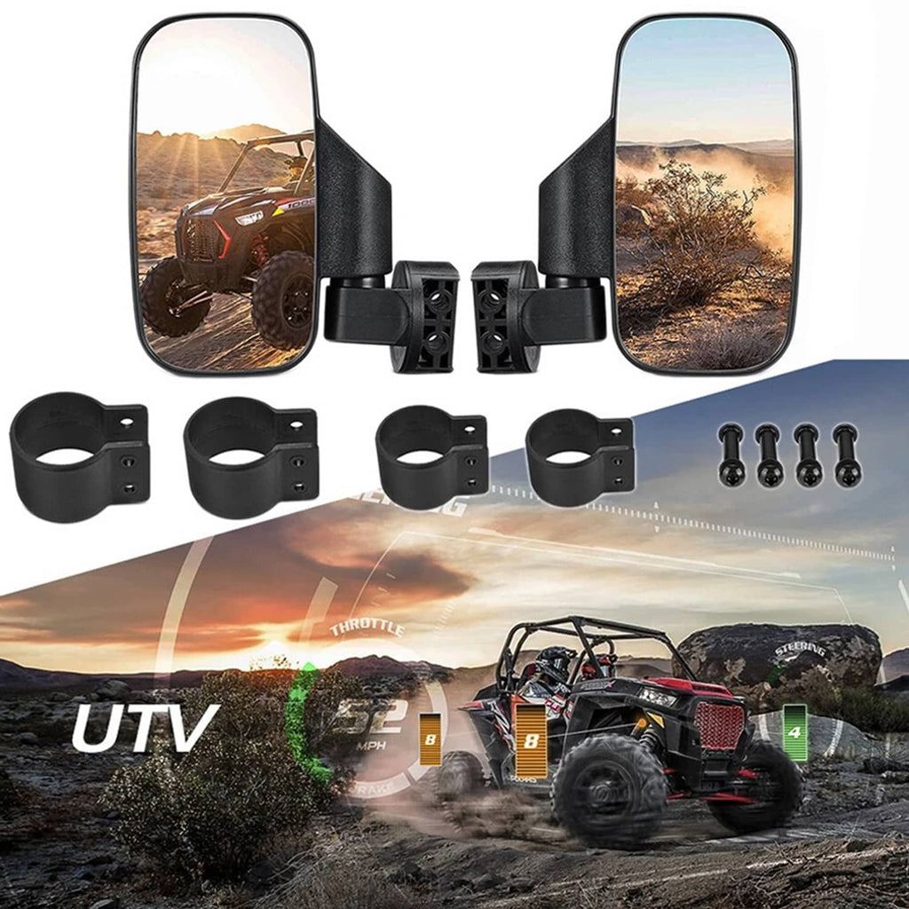 UTV side mirror set with two rectangular mirrors, four strap brackets, and screws