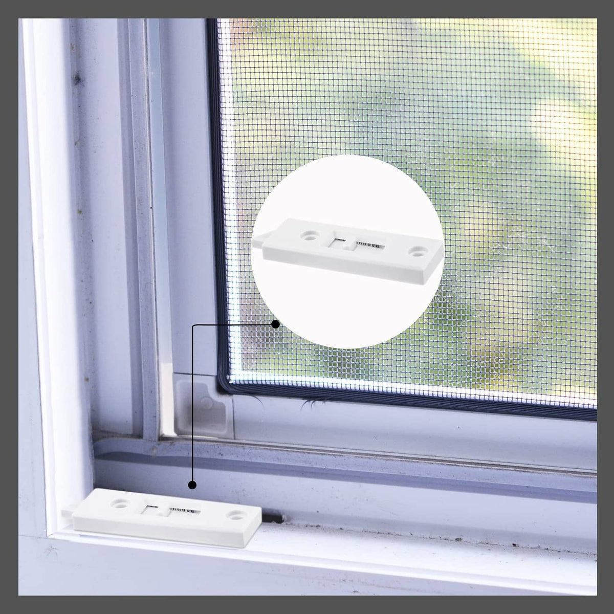 White plastic window latch lock mounted on window frame corner
