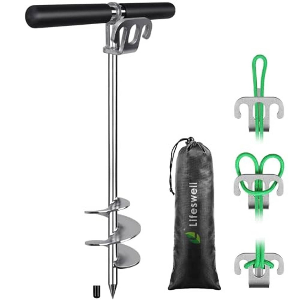 Stainless steel sand anchor set with handle, screw auger, and storage bag