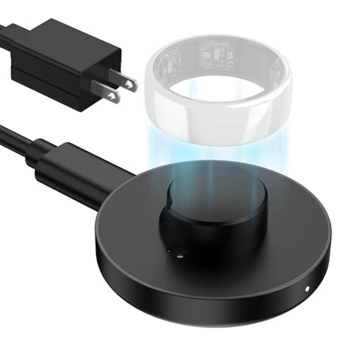 Black charging dock with circular base and clear ring cradle, power cable attached