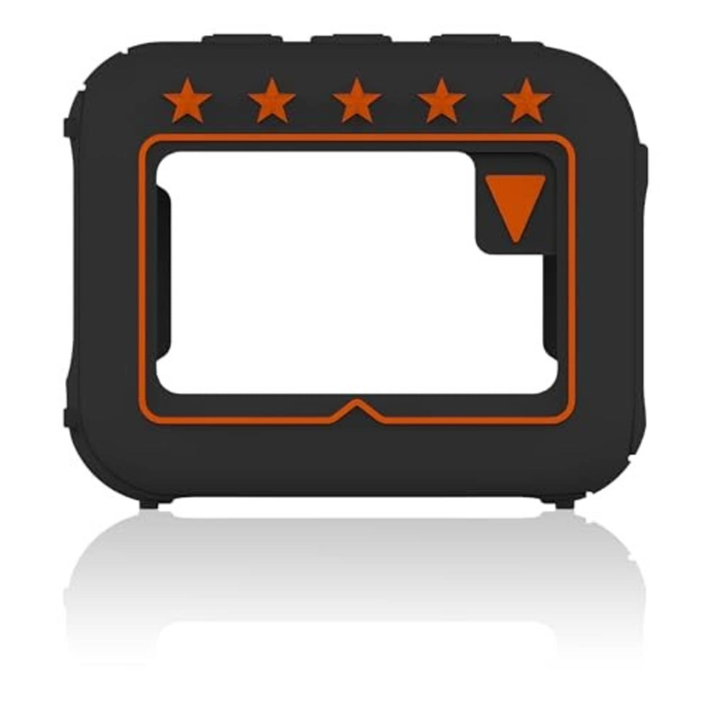 Black silicone speaker cover case with orange trim, star buttons, and display opening.