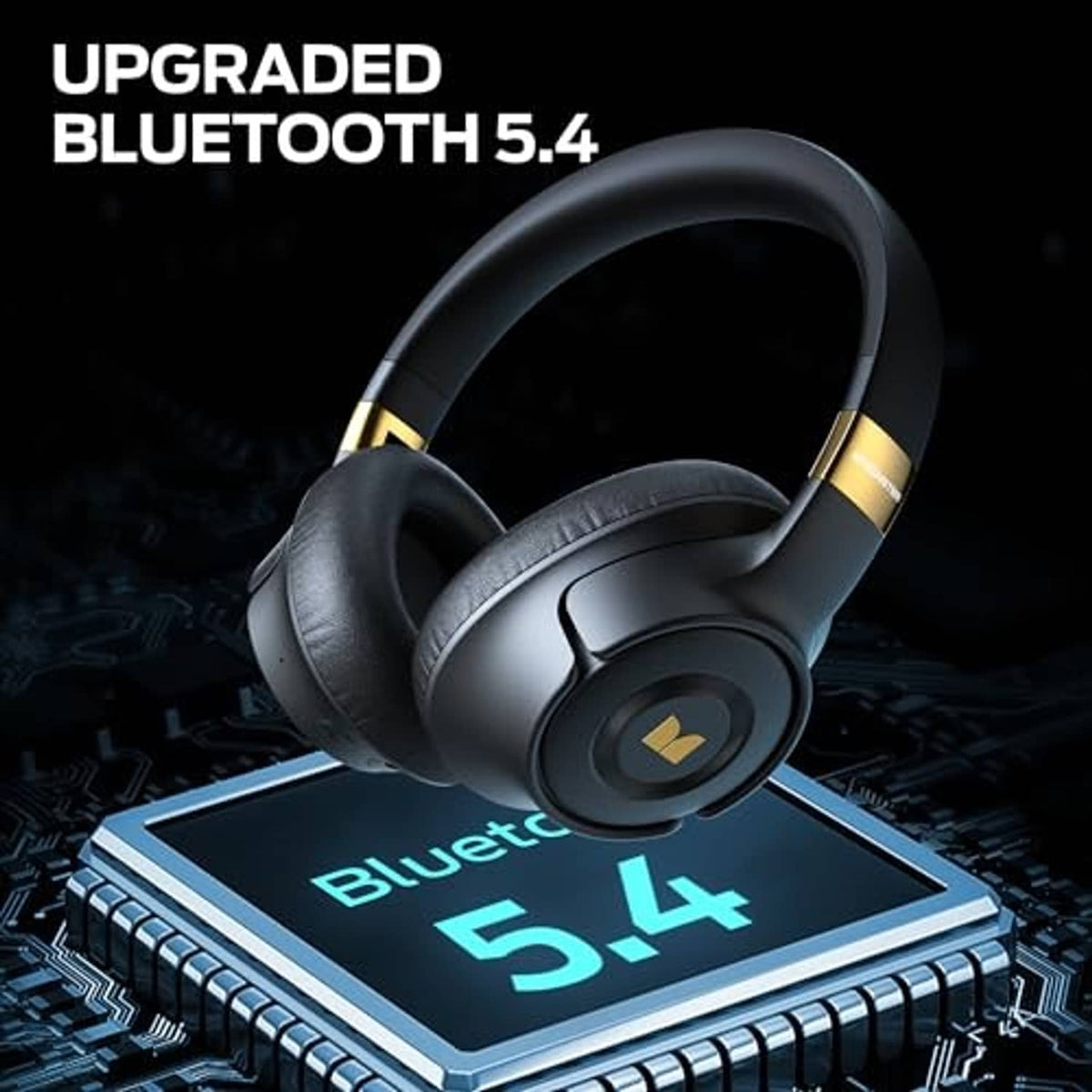 Black over-ear Bluetooth headphones with padded headband and gold-accent hinges