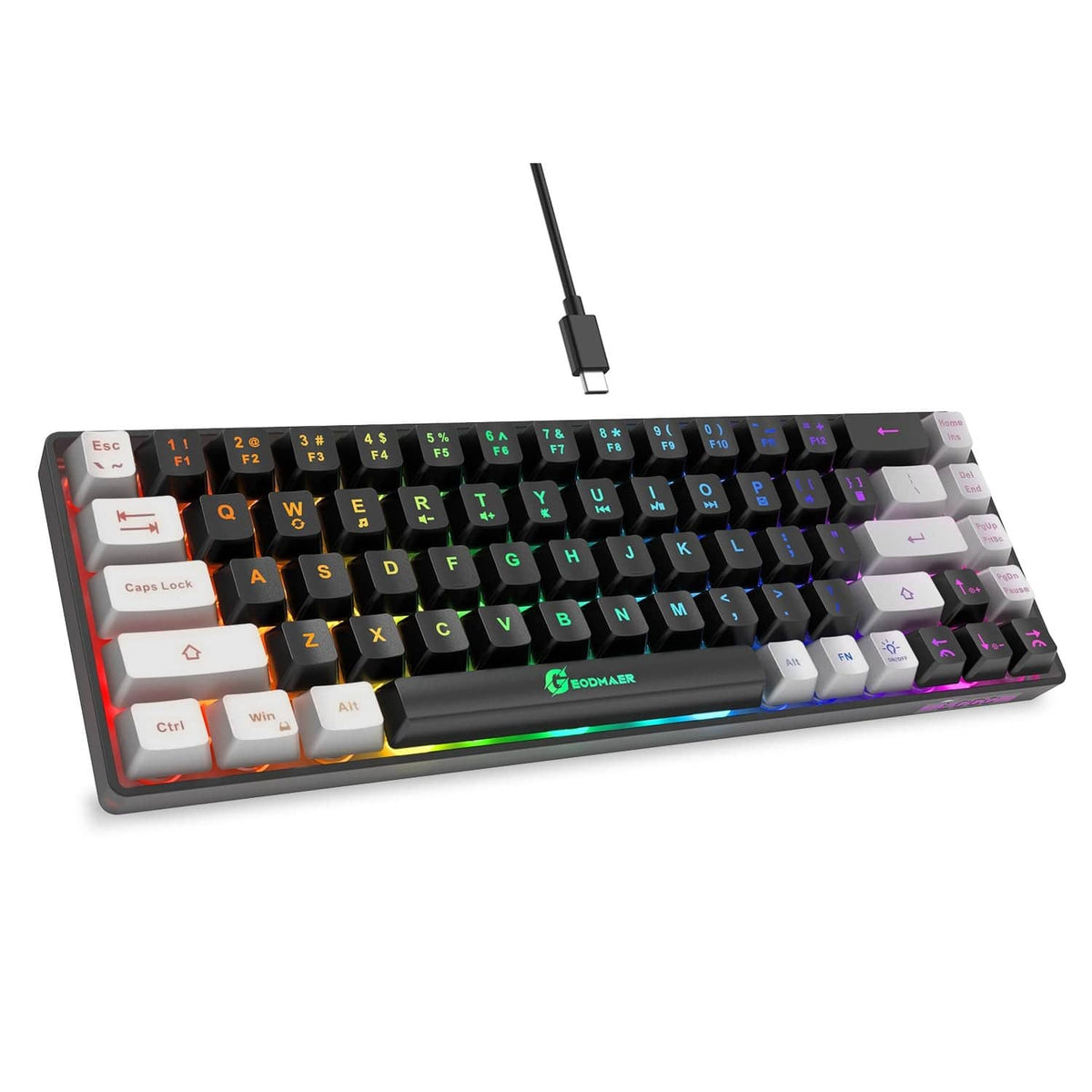 Mini wired gaming keyboard, black and gray, RGB LED backlighting, white keycaps.