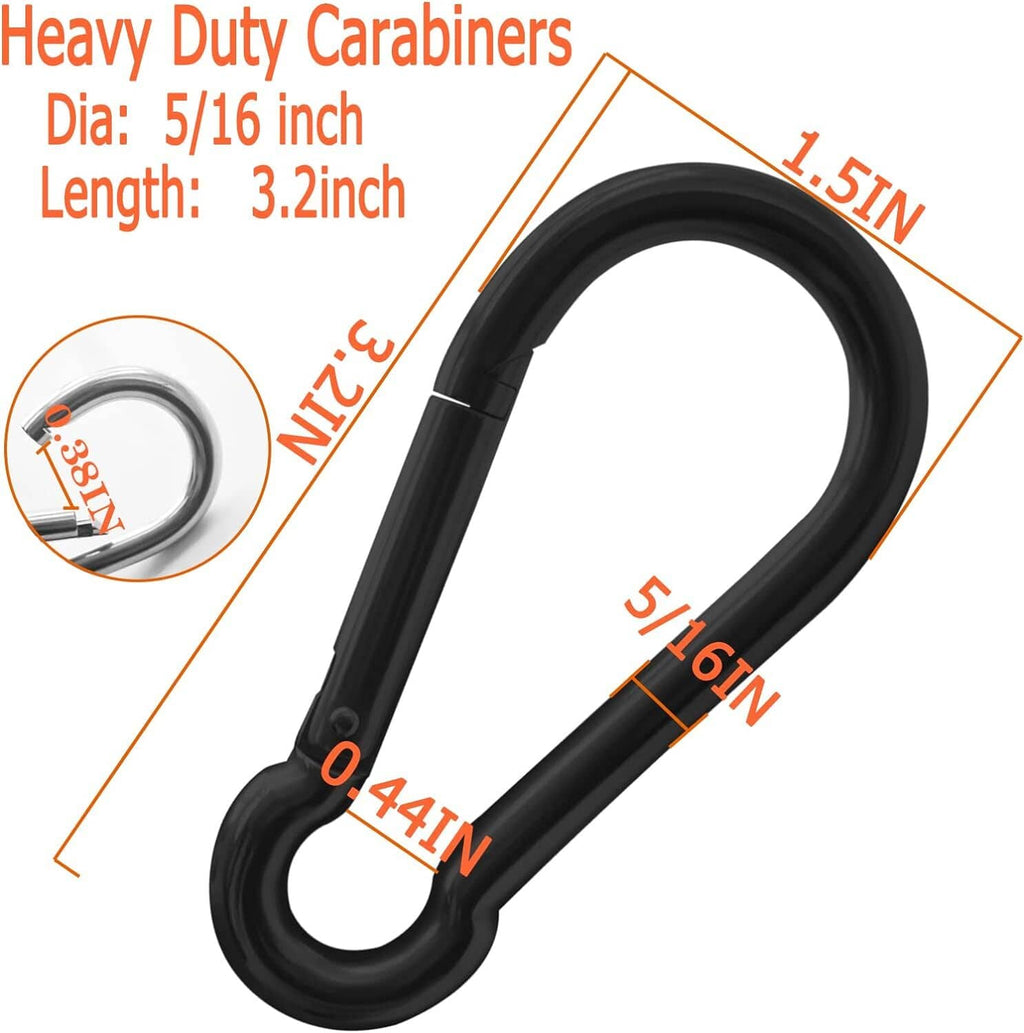 Heavy-duty black steel carabiner clip, 3.2-inch size, spring gate