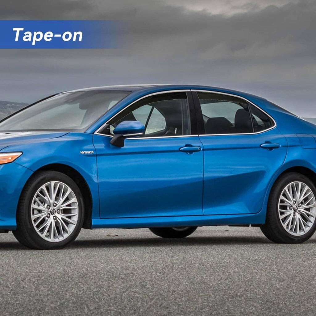 Black tape-on window visor on a blue sedan door window, glossy rain guard