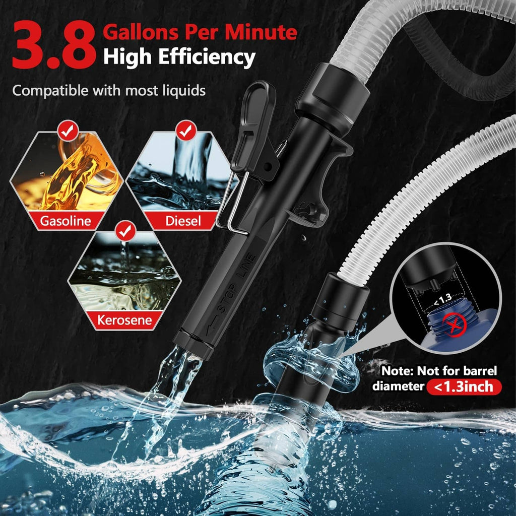 Electric fuel transfer pump with black nozzle and white corrugated hose dispensing liquid
