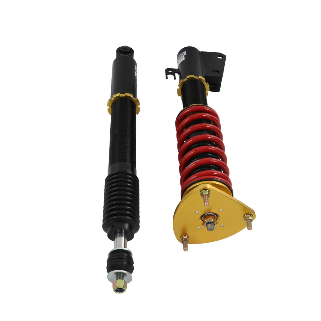 Single coilover strut with red spring and gold top plate on black shock body