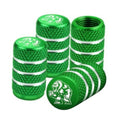 Set of four green Yeti tire valve stem caps with silver bands and embossed bear logo.