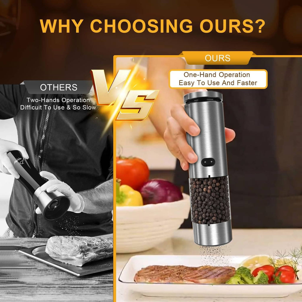 Stainless steel electric salt and pepper grinder held upright over a tabletop